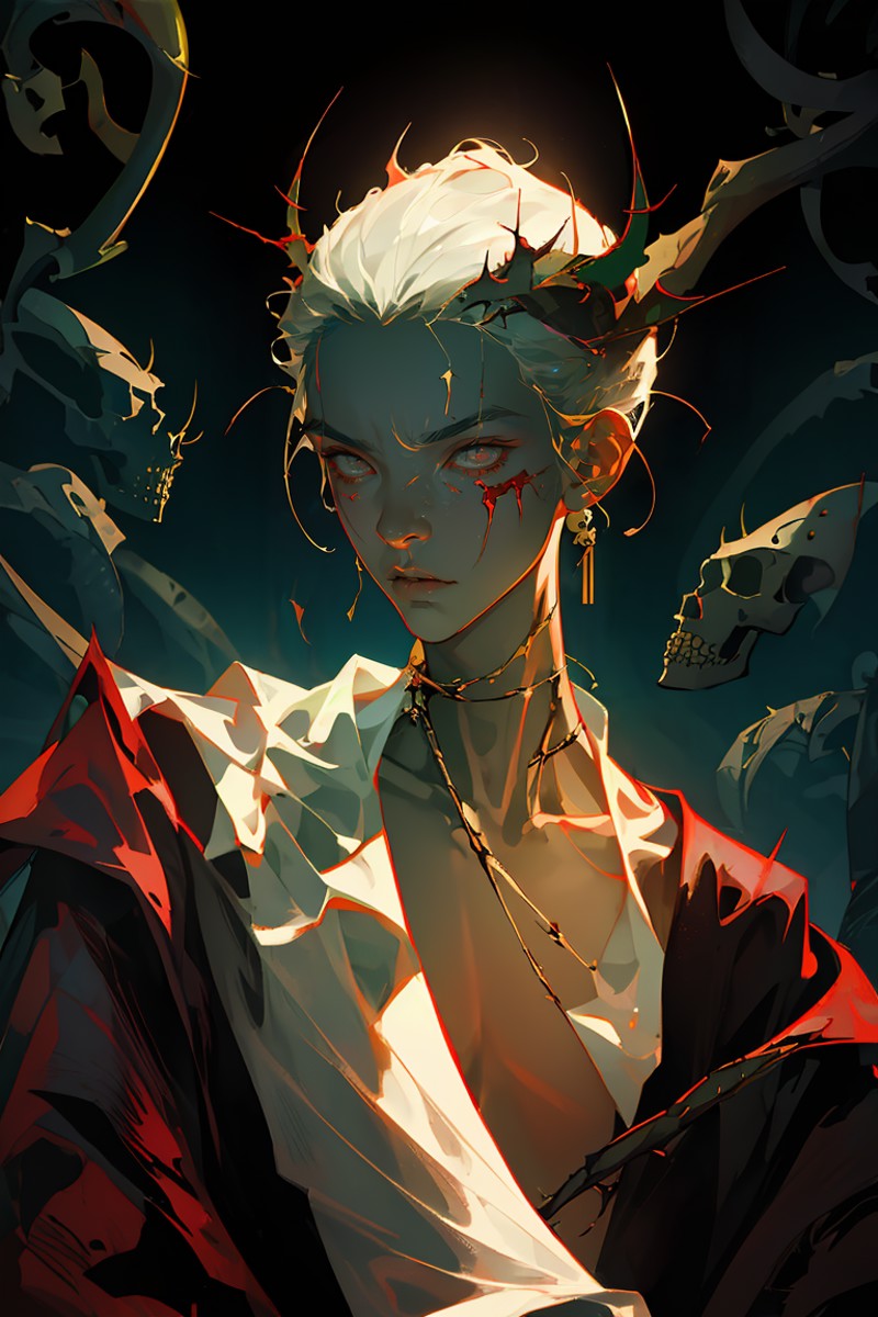 (best quality, masterpiece), horror art, 1 Asian young man, skull, thorns, very skinny, very slender, collarbone, blood, d...